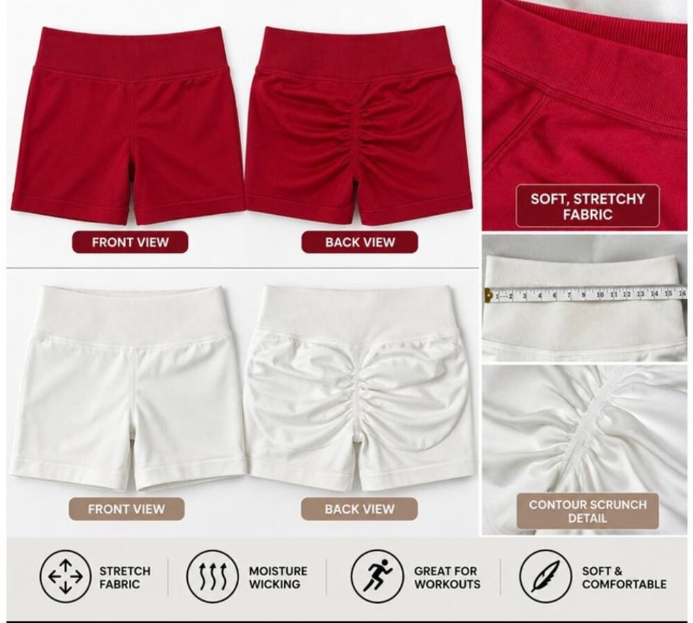 Women’s Size L Seamless Scrunch Butt Shorts Red White High Waist 2 Pack Gym